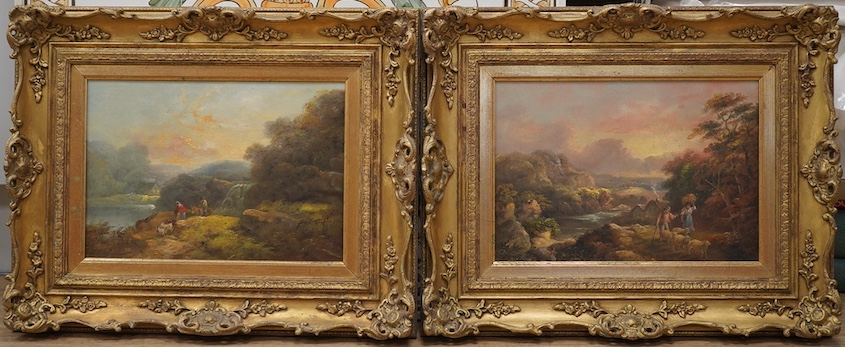 John Joseph Barker of Bath (1824-1904), pair of oils on canvas, Mountainous landscapes with figures, one signed, 23 x 34cm, ornate gilt framed. Condition - fair to good